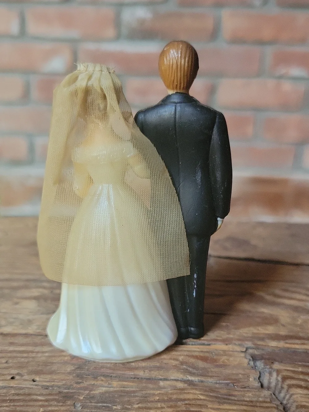 Vintage 1950's Bride and Groom Wedding Cake Topper - Ivory Dress, Black Tux